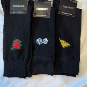 Steve Madden Bundled 3 Pair pack Black Crew Socks with Fun Design